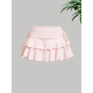Women's Plain Lettuce Trim Tiered Layer Skirt, Cute Drawstring Side Skirt for Summer, Fashion Women's Skirt for Daily Wear