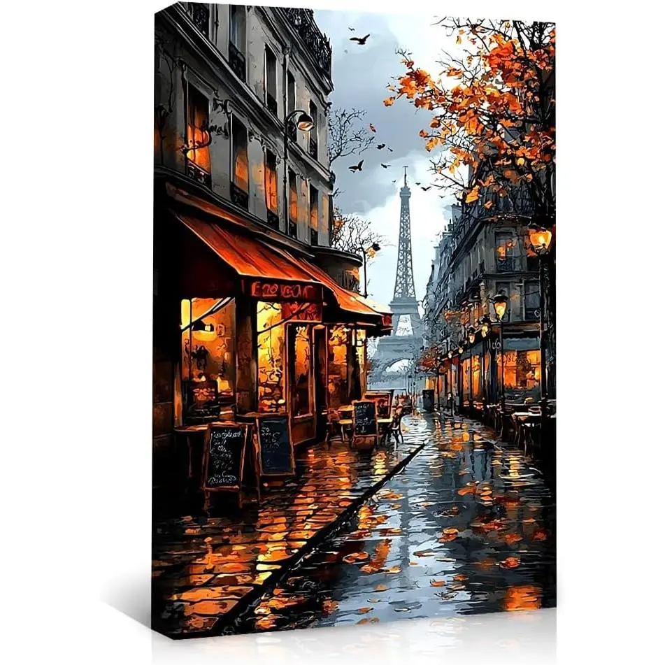 Artistic Paris Street Scene Canvas Print Wall Art - Autumn Cityscape Cafe Poster with Eiffel Tower, Rain Reflections, Fall Leaves Watercolor for Living Room Bedroom Decoration