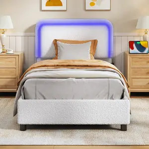Twin Bed Frames with Headboard,Cloud Boucle Upholstered Platform Bed with Charging Station & LED Lights,  Anti-Collision Soft Rounded Corners, No Box Spring Needed, Non-Slip and Noise-Free, Easy Assembly, Beige.