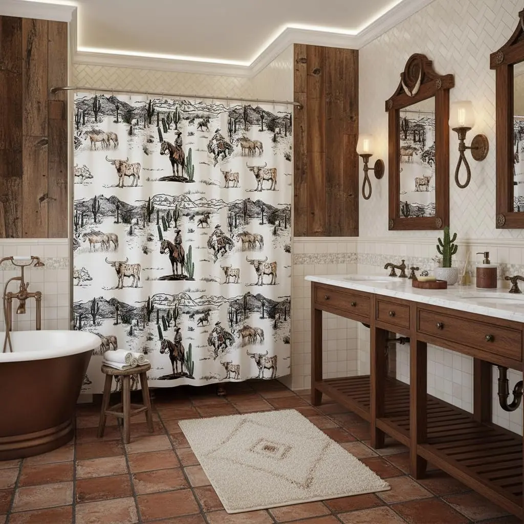 Western Cowboy Shower Curtain,Vintage Southwest Style Waterproof Curtain Desert Cactus Cow Horse Animals Bathroom Curtain Adult Room Decor,Grey Brown White Bath Curtain