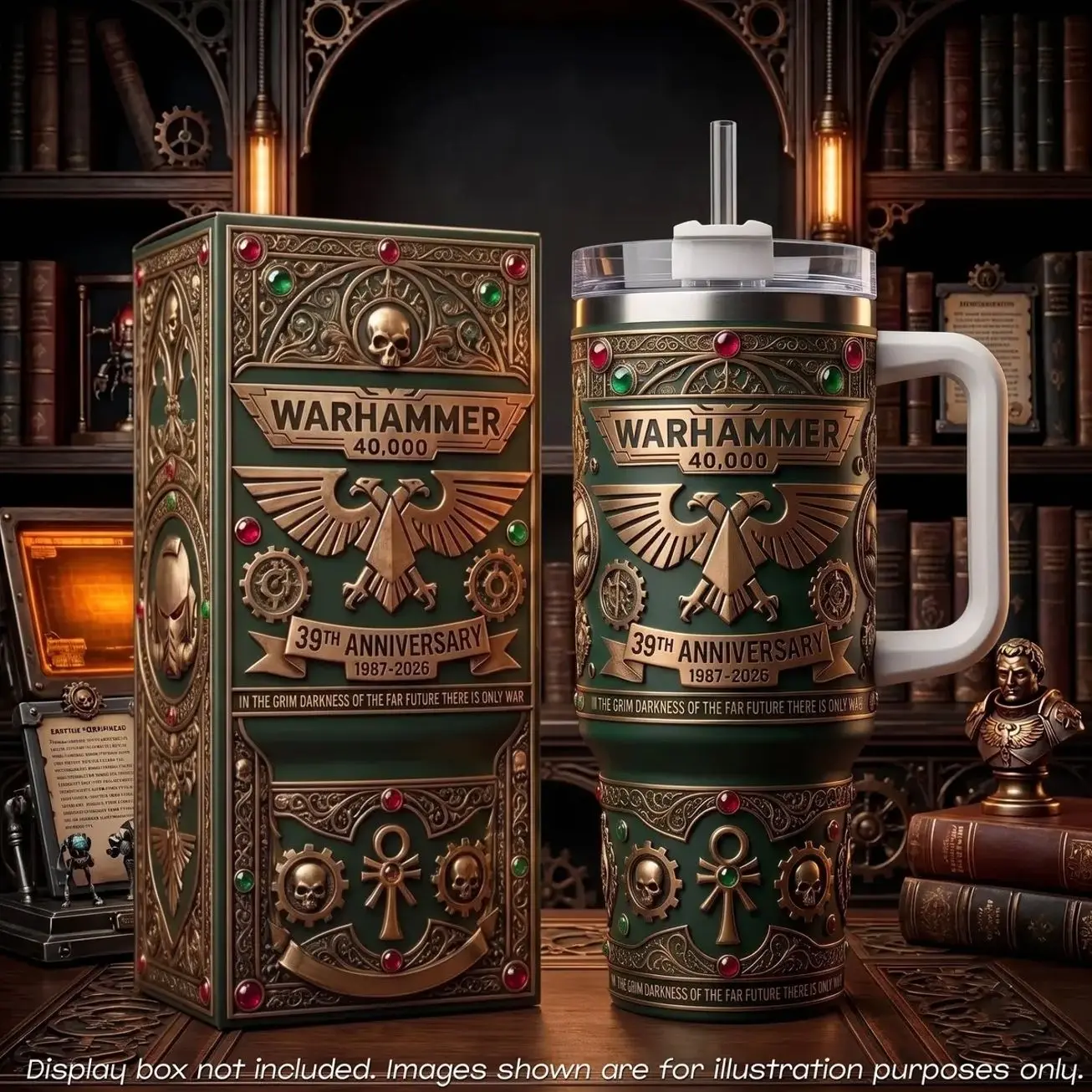 Warhammer 40,000 Tumbler 40oz Handle Straw, 39th Anniversary 1987-2026 Imperial Aquila Skull Grimdark Green Gold Cup, Gamer Tabletop Fan Gift, Vintage Retro Car Water Bottle