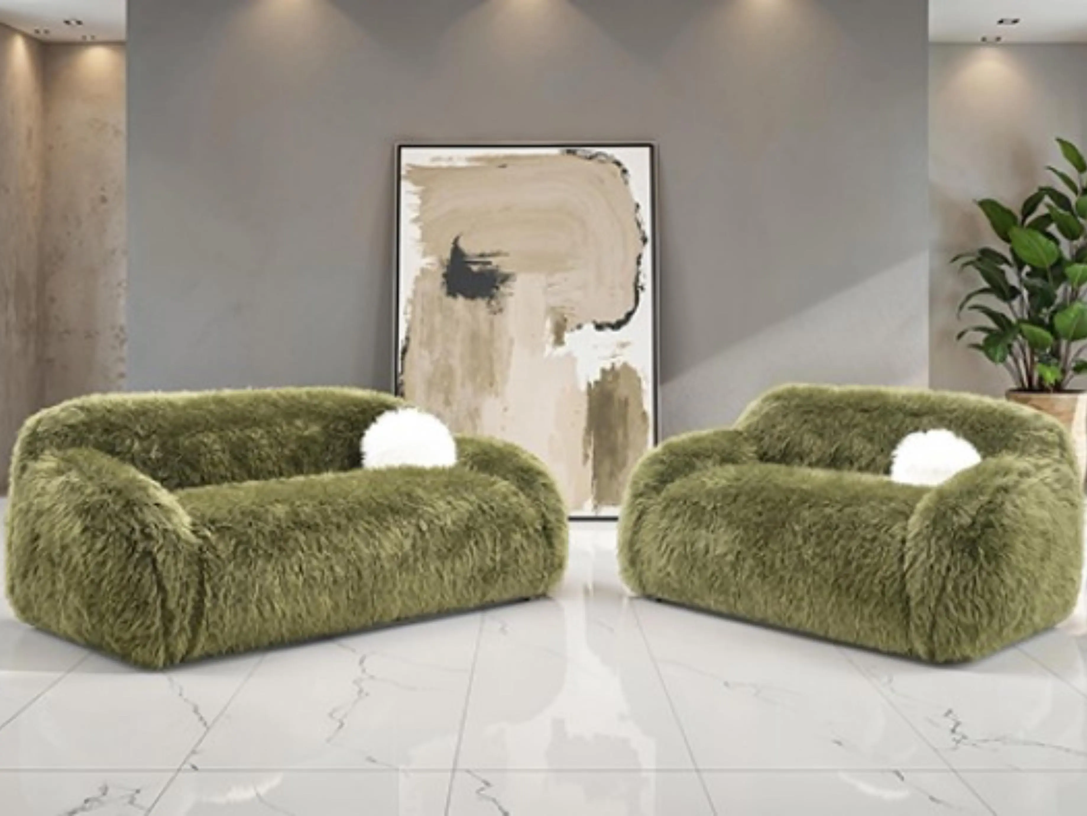 FM64006GR-SL 2 pc Darwen Green Furry Fabric Rounded Design Sofa and Love Seat Set with Pillows for Cozy Living Spaces