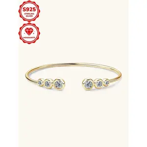 S925 Sterling Silver Synthetic Moissanite Cuff Bangle, Trendy Exquisite Fashion Jewelry for Party Daily Wear, All-match Ideal Birthday Gift