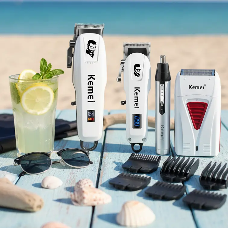 KEMEI 4-Piece Personal Grooming Kit for Men, USB Rechargeable Cordless Set with Adjustable Hair Clipper, Durable Facial Trimmer, and Lightweight Shaver, Abs, Batteries, Usb Port, Small, Face, Dust Cover, Adjustable Blade, Smooth, Home Haircut