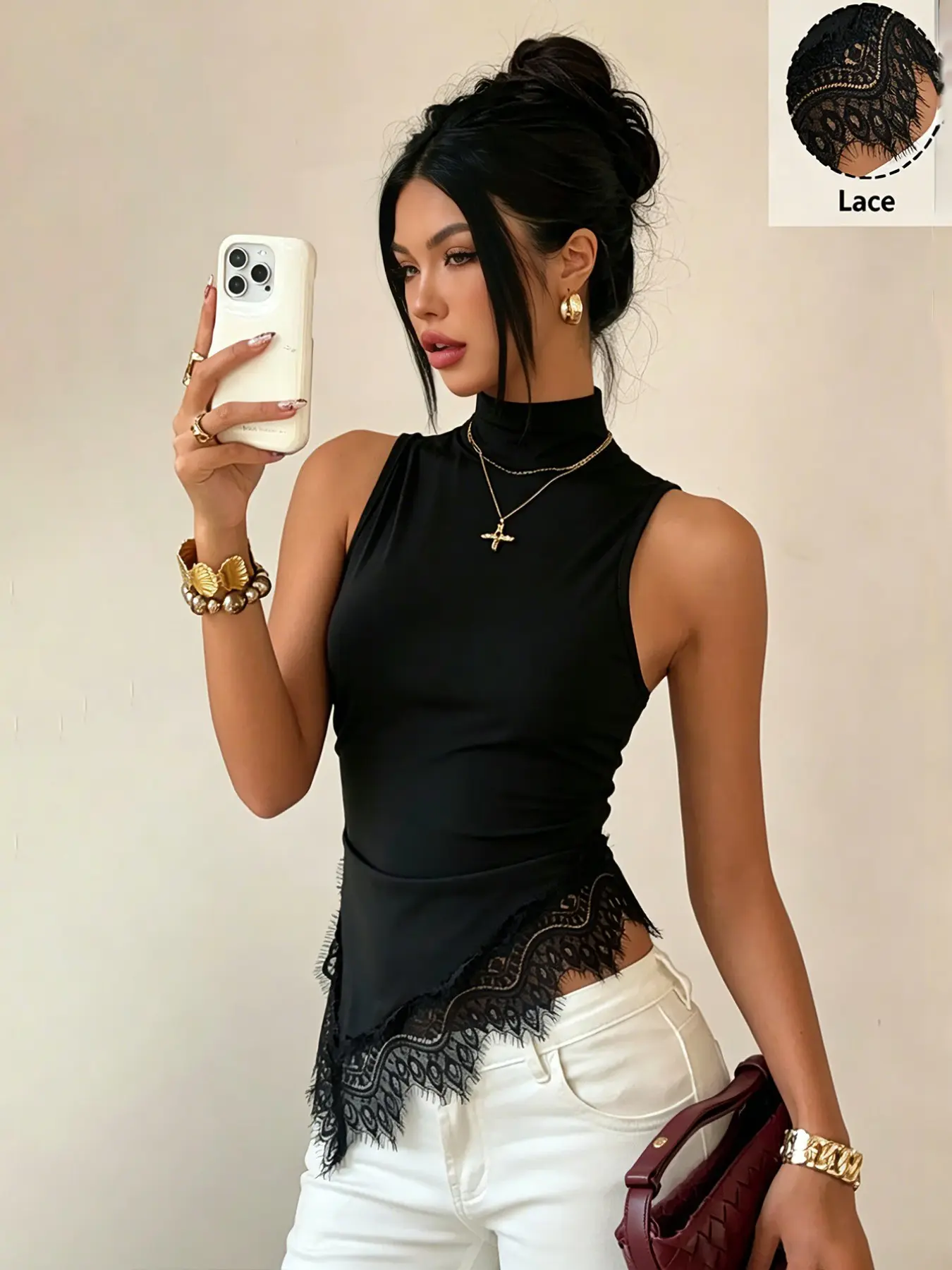 High Neck Asymmetrical Sleeveless Design Womenswear Top, Lace Trim Asymmetrical Hem, Fitted Tank Top, Elegant Casual Y2K Sweet Girl Style Aesthetic, Soft Stretch Fabric, Daily Wear, Date Night, Outing