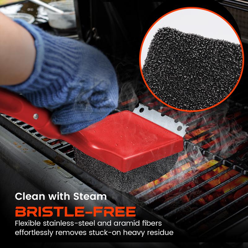 Anjure 4-in-1 Bristle-Free Grill Brush 18.8" Steam Grill Cleaner with Scraper & Bottle Opener Long Non-Slip Heat-Resistant Handle for Efficient Cleaning