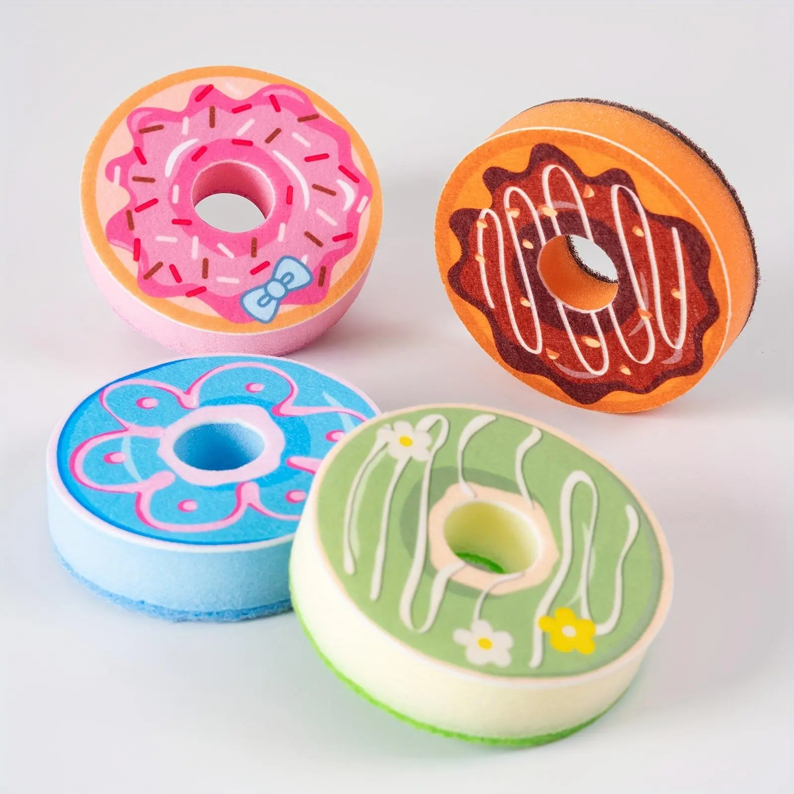 4-Piece Playful Donut/Cupcake Sponges - Pad/Scrubber Cleaning Tools for Kitchen Sink Cleaning, Home Care Supplies, 4 Donut/Cupcake Sponges, Tools And Cleaning