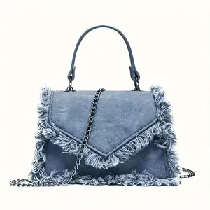 Women Mini Top Handle Raw Trim Shoulder Bags Denim Crossbody Jean Purse