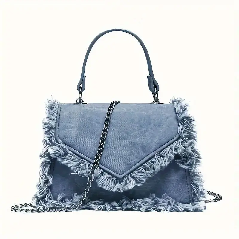 Women's Denim Satchel with Flap Closure, Raw Trim, Detachable Chain - Casual Crossbody Top Handle Bag for Street, Party Daily Use, Everyday Carry