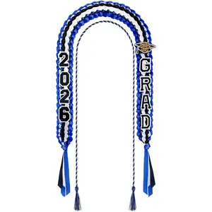Graduation Lei Set Class of 2026 Grad Ribbon Leis with Honor Cord Double Braided Graduate Leis for Men Women Blue Black White