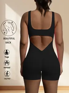 Women's Sexy Solid Color Jumpsuit, Backless Short Sleeveless Casual Pants, No Padding, Fitted Style, All Seasons Wear
