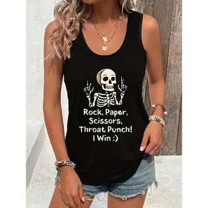 Women'S Sleeveless Tank Top - Rock Paper Scissors Graphic, Breathable & Skin-Friendly, Casual Summer Vest for Slimming & Comfort, Black with White Print,  Tank Top