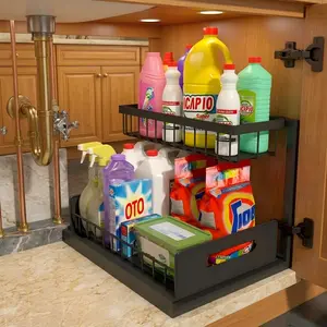 Sliding Under Sink Storage Rack, Heavy Duty Pull-Out Cabinet Organizer, Bottom-Mounted Sliding Drawer for Kitchen & Bathroom, Easy to Assemble Cabinet Fixture Set