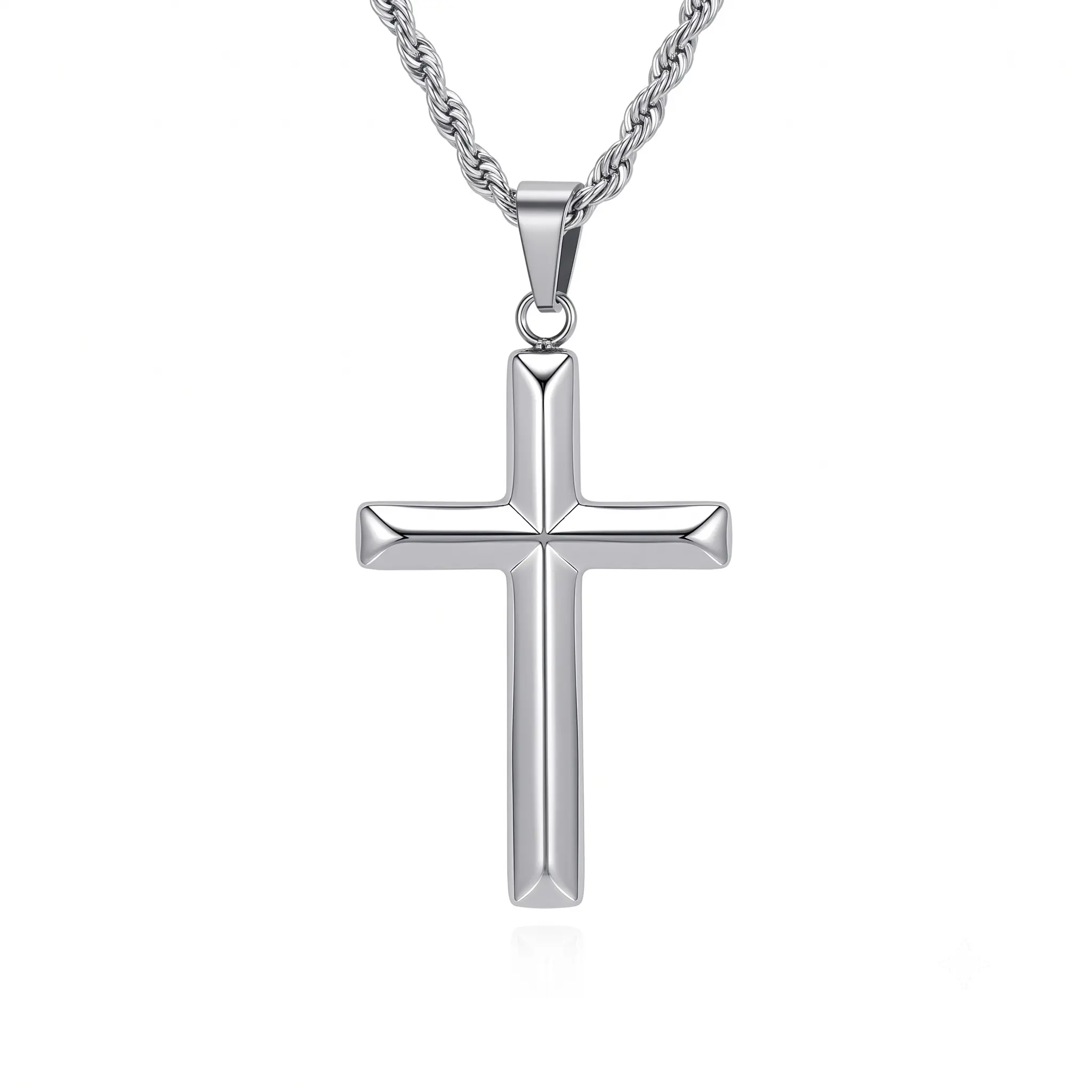 Men's silver stainless steel cross pendant with fried dough twist chain, solid necklace with adjustable length, simple classic faith jewelry suitable for both men and women