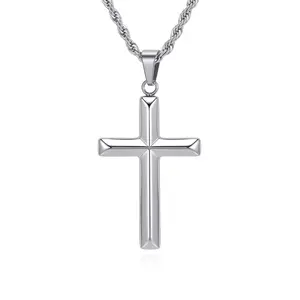 Men's silver stainless steel cross pendant with fried dough twist chain, solid necklace with adjustable length, simple classic faith jewelry suitable for both men and women