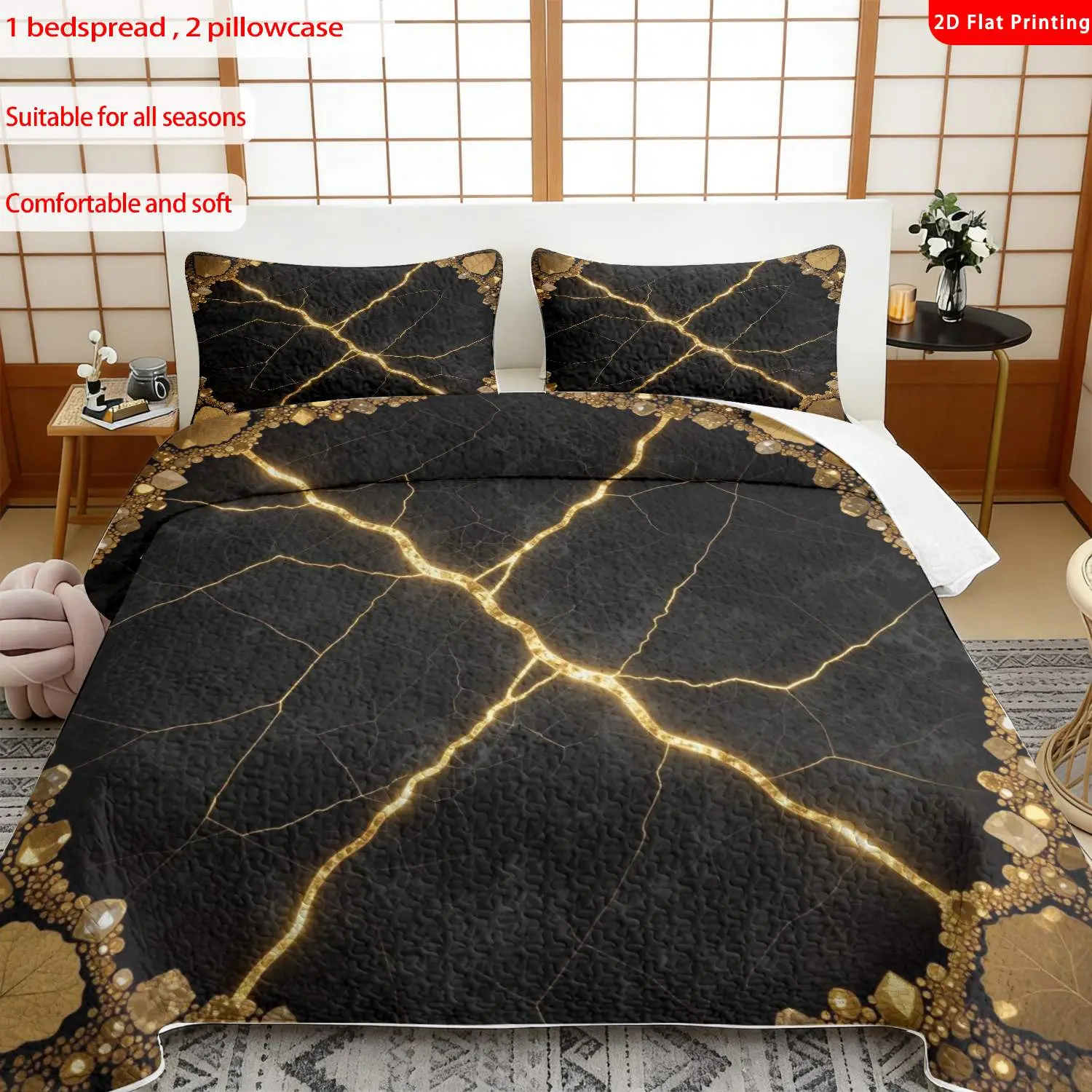 3 pcs, 2D Flat Print Gold Crackle Pattern Luxury Bedspread Set, Soft and Comfortable, Multiple Sizes Available, Suitable for Gifting and Daily Use, Ideal for Creating a Cozy Home Atmosphere(1 bedspread , 2 pillowcases)