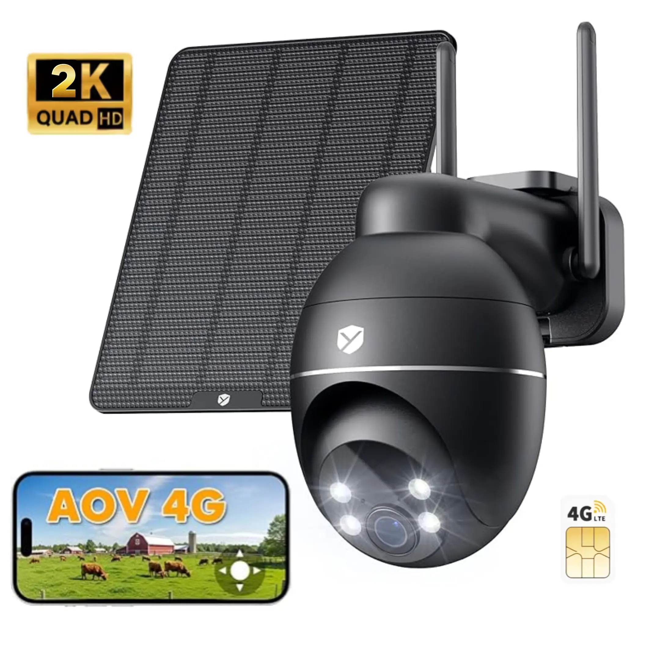 4G LTE Solar Security Camera Outdoor, No WiFi Needed, 24/7 Always-On Recording, 2K 3MP Color Night Vision, 360° Auto Tracking, Wireless with Built-in SIM, Waterproof, 9000mAh Long Battery Life (Black)