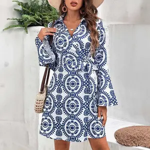 Blue Floral Print V Neck Wrapped Knot Long Sleeve Dress High Waist Fitted Bohemian Womenswear