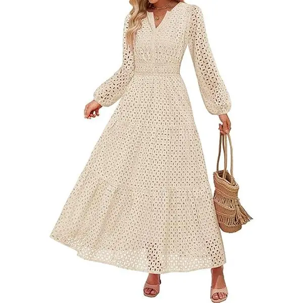 ZESICA Women's 2026 Fall Long Sleeve Maxi Dress V Neck Hollow Out Eyelet A Line Long Flowy Casual Party Dresses ZESICA Women's 2026 Fall Long Sleeve Maxi Dress V Neck Hollow Out Eyelet A Line Long Flowy Casual Party Dresses
