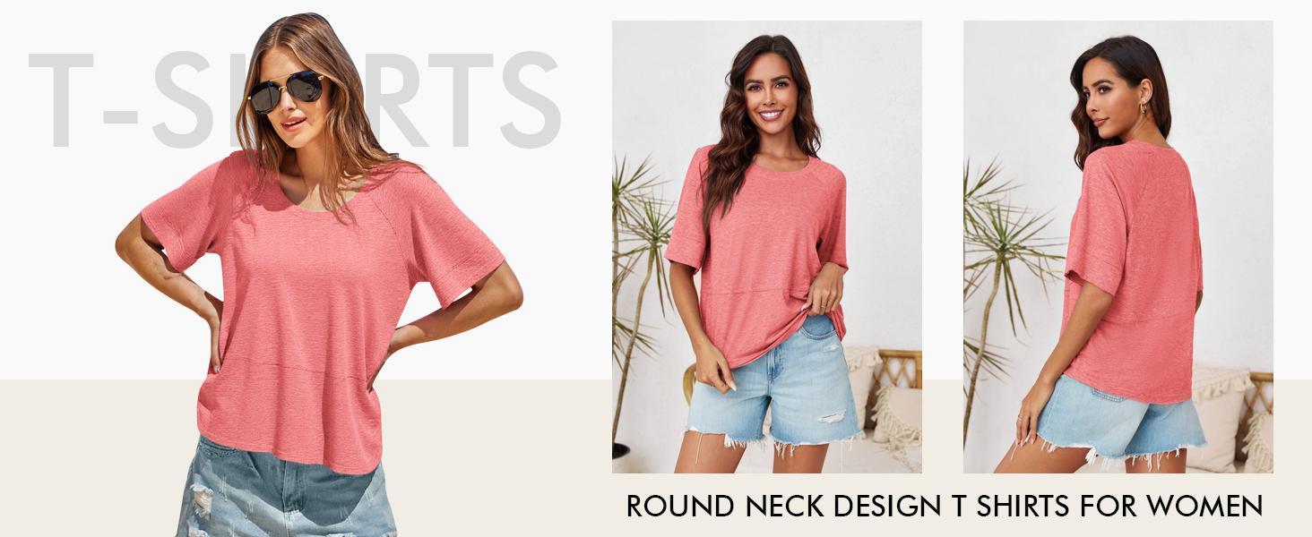 Imily Bela Women's Summer Casual Crewneck Batwing Half Sleeve T-Shirts Solid Color Loose Fit Cute Basic Flowy Tops Tees Blouses