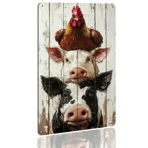 Vintage Pig Cow Chicken 2D Metal Aluminum Sign, 11x8in Waterproof, Rustic Farmhouse Design, No Power Required, Ideal for Farm Fences, Barns, Kitchen Decor