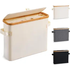 Bamboo Toilet Paper Storage Basket with Lid, Holder Stand Organizer for Bathroom, Storage Box Container with Handle Bin for RV Closet, Beige