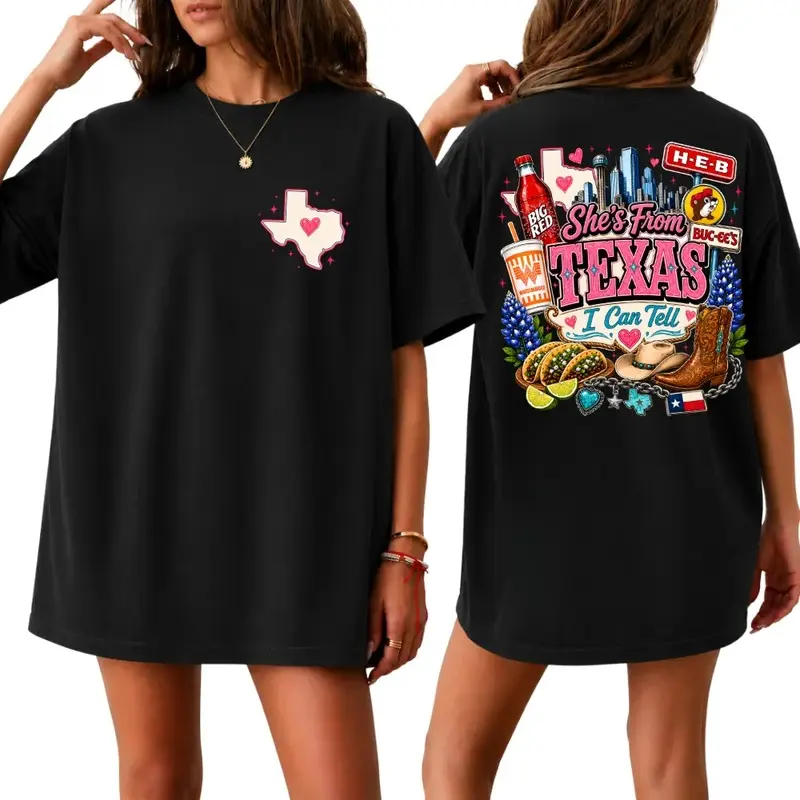 T Shirts for Women, Retro 'She's From Texas' Graphic Tee, Double-sided Western Print You'll Love for Everyday Wear, Wrap, Tops For Women, Clothes For Women