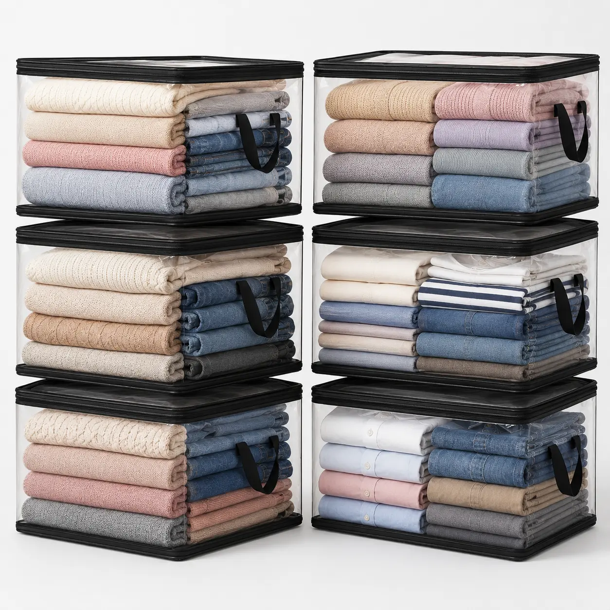 Clear Clothes Storage Bags 6 Pack, Large Zippered Clothing Organizer Bags with Handles, Foldable Closet Storage Bags for Sweaters, Blankets, Jeans and Bedding