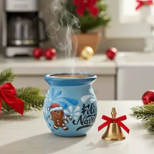 Talavera Light Blue “Feliz Navidad” Mug – 4x4” – Lead Free – Christmas Gingerbread Design