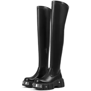 Women’s Black Over-the-Knee Platform Boots Leather Side Zip Chunky Sole with Metallic Hardware Edgy Streetwear Footwear for Casual Party Daily Wear