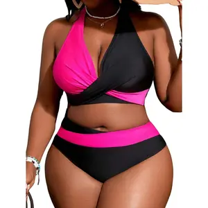 Women' s Plus Size Bikini 2 Piece Color Block Swimsuits High Waisted Tummy Control Bathing Suit Adjustable Tie Strap