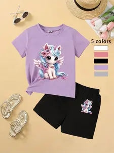 Girls' Unicorn Print T-Shirt Shorts Set, Cute Cartoon Design, Breathable Fabric, Summer, Princess Style, Two-Piece Set