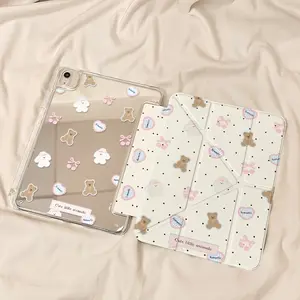 Chestnut Bear Long Ear Rabbit Polka Dot Aesthetic iPad Case, Tablet Protective Cover, Multi-Fold Stand Mirror Back Cover with Pen Slot, Fits iPad 10/9/8 Generation