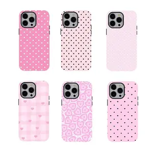Coquette Pink Polka Dot Heart Tough Shockproof Phone Case, Military Grade Drop Protection, Durable Cute Coquette Design Cover for iPhone 11 12 13 14 15 16 17 Pro Pro Max Plus, Mobile Phone Accessory