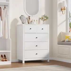 5 Drawer Modern Dresser with Metal Knobs, 37" Tall Wooden Storage Chest for Bedroom Hallway Entryway