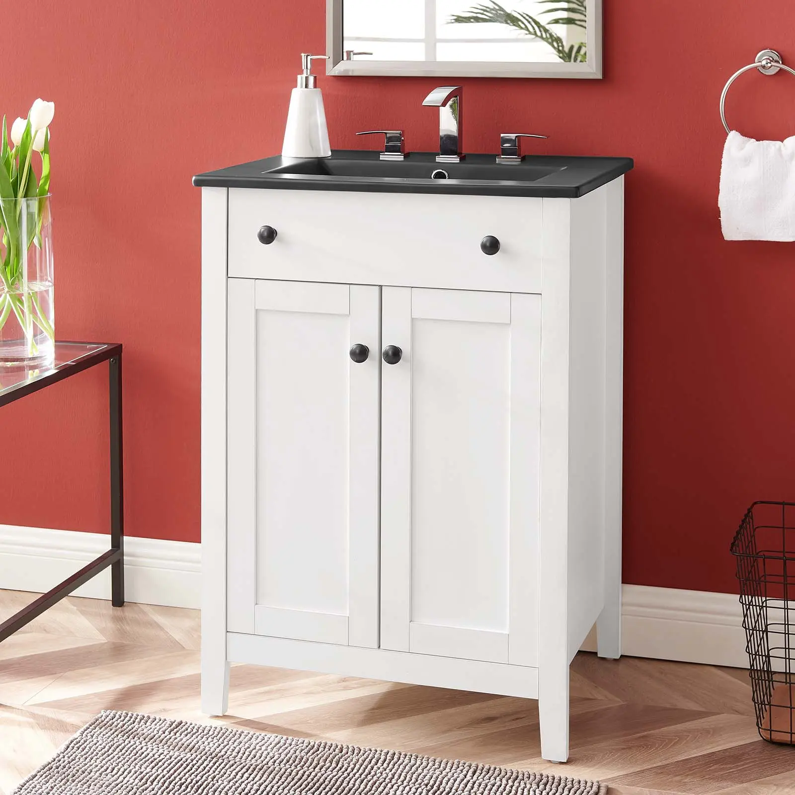 Modway Nantucket 24" Bathroom Vanity with Modern Storage Cabinets, 8-Inch Centerset Faucet Holes, Stylish Appearance, Functional Storage, Available in White and Black