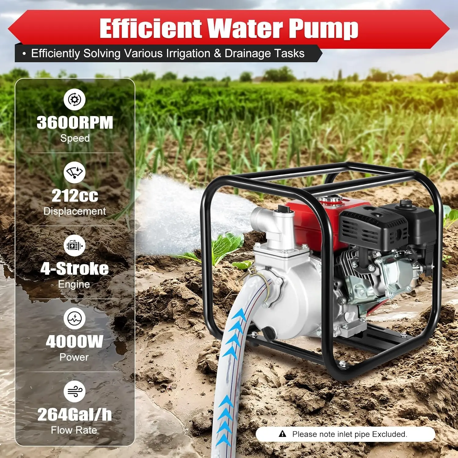 2-Inch 212CC 7.5HP 4-Stroke Gas-Powered Liquid Fuel Trash Water Pump with Hose Kit, Ideal for Lake Irrigation, Pool Draining, Liquid Pump, Fuel Pump