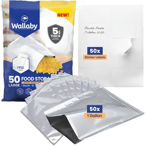 Wallaby 1-Gallon Mylar Bags with Labels (50 Count) 10 Mil Total Thickness - Heat-Sealable Airtight Packaging - Silver