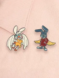 2 Piece Set Cartoon Angel Rabbit Enamel Brooch, Cute Alloy Pin for Backpacks and Clothes, Fashion Accessory for All Seasons