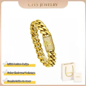 【Letter Lock】Initial Letter A-Z Cuban Link14MM Bracelet 18K Gold Plated gold StainlessSteel Miami Thick Buckle Bracelet Hip HopJewelry 7.5in 8.5in Stainless Steel Miami Cuban Bracelet