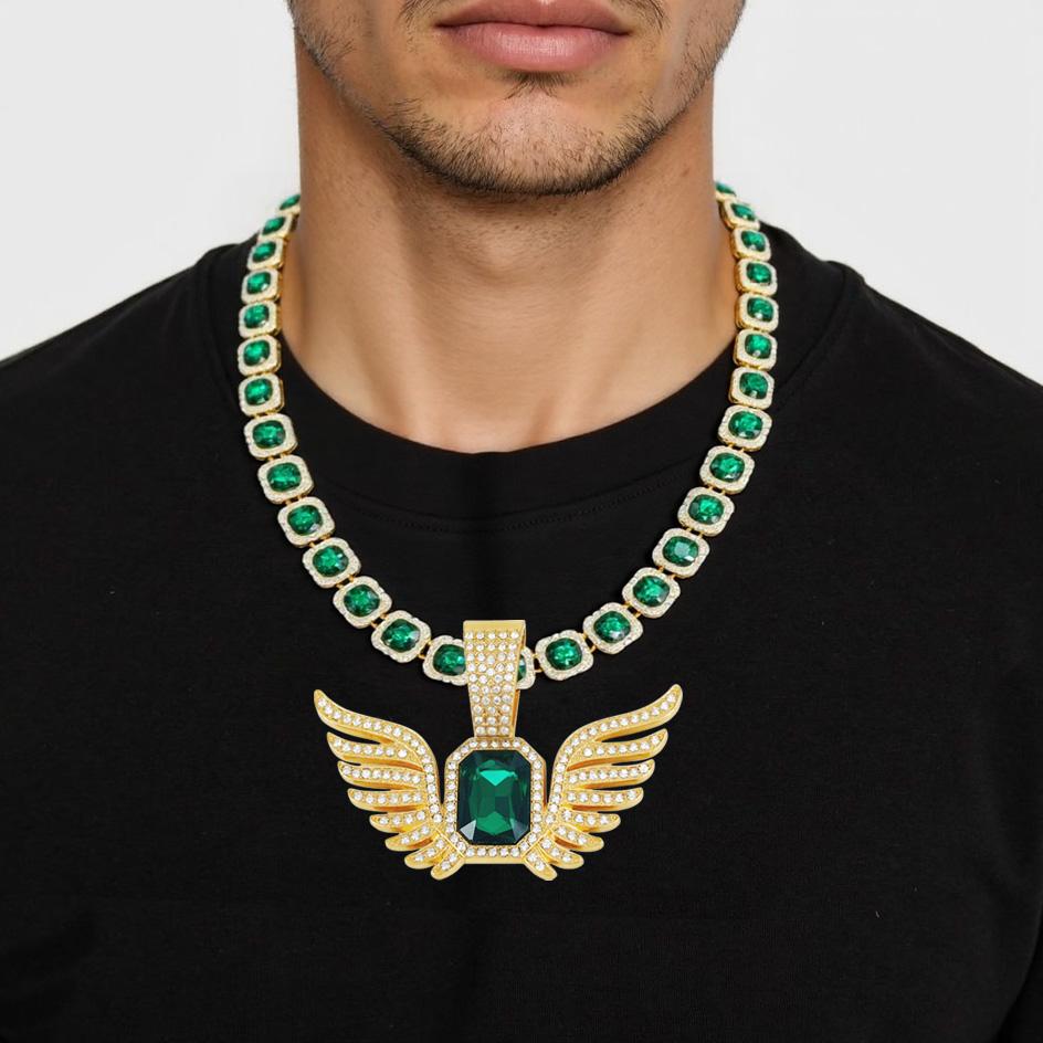 Angel Wing Pendant with Green Square Tennis Chain Sliver Gold Plated Baguette Chain Clustered Diamond Tennis Necklace Bracelet Hip Hop Jewelry for Men Women Birthday Wedding Gifts