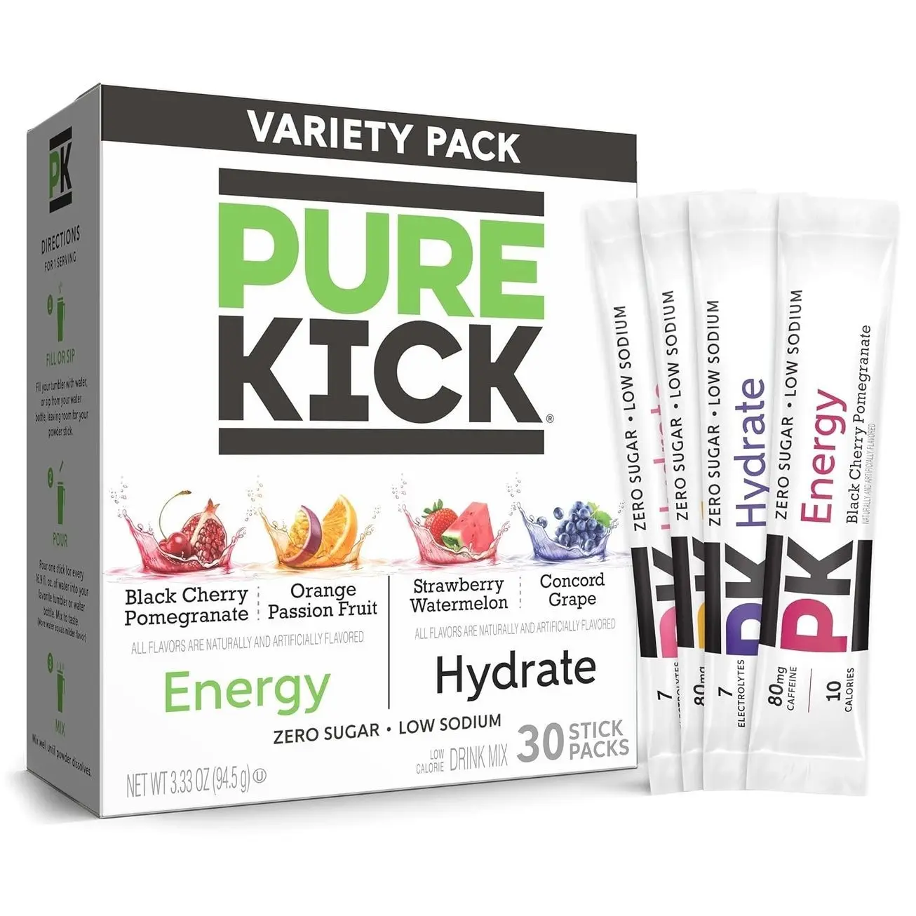 PURE KICK Energy and Hydrate Singles To Go Drink Mix Variety Pack, Black cherry Pomegranate, Orange Passion Fruit, Strawberry watermelon and Concord Grape, 30 Count (Pack - 1)
