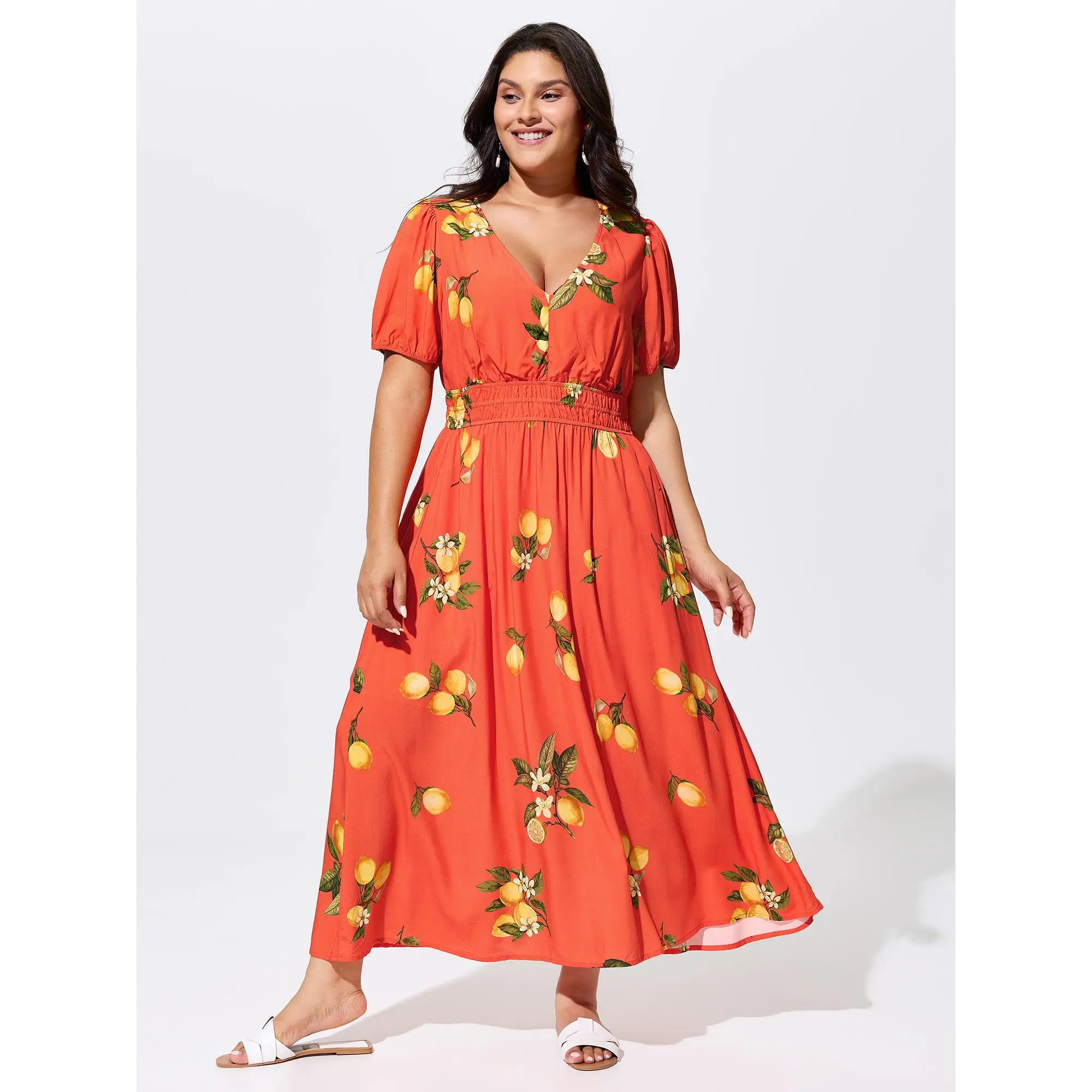 BloomChic Women's Plus Size Friendly Fit V-Neck Smocked Citrus Fruit Print Puff-Sleeve Lantern Maxi Dress [M-6X], Comfy Breathable Rayon-Polyester Blend Fabric, Simple Casual Everyday Wear, Pocket Design, Summer Lady Pick