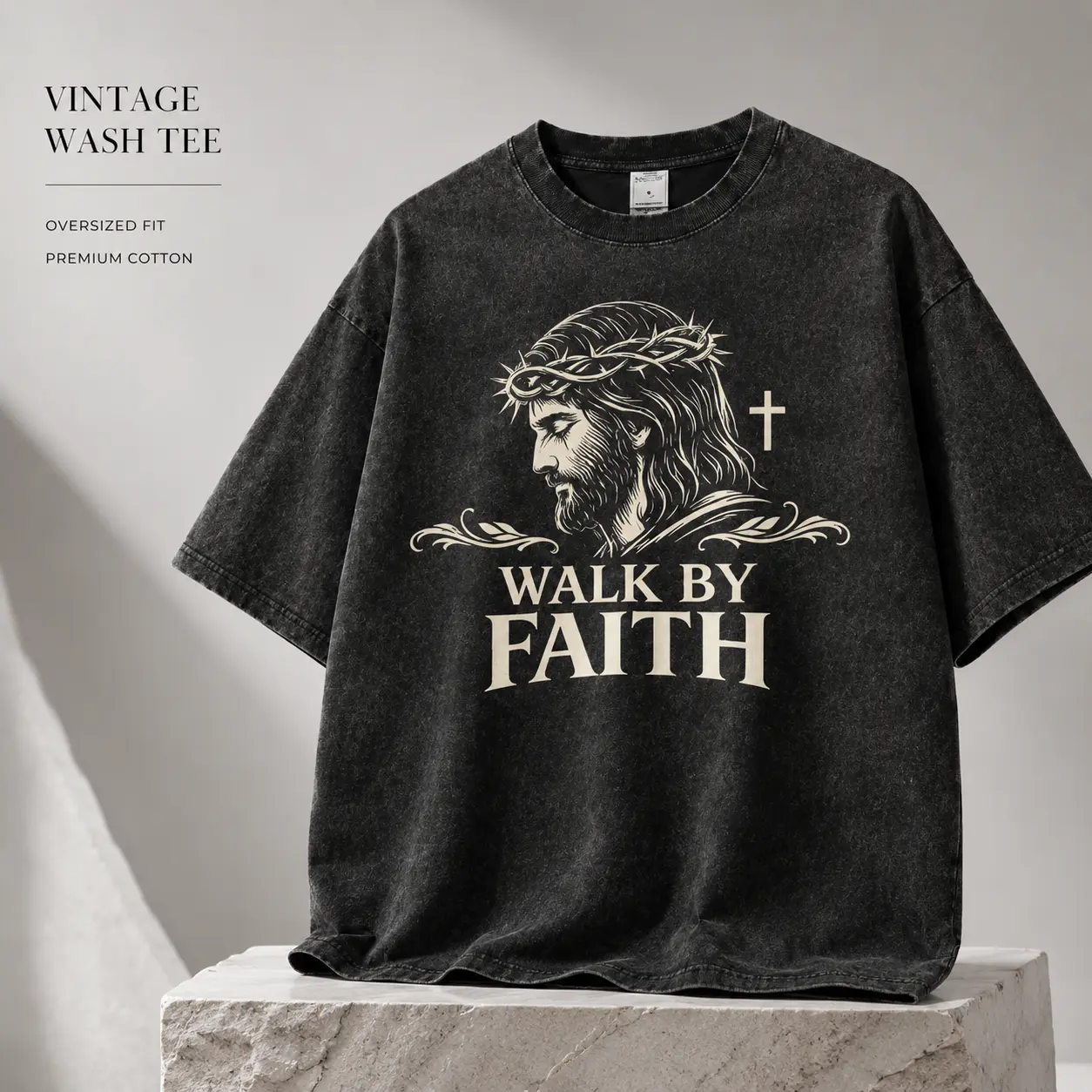 Walk by Faith Vintage Washed Christian T-Shirt, Oversized Jesus Cross Graphic Tee for Men & Women, Unisex Religious Streetwear Shirt