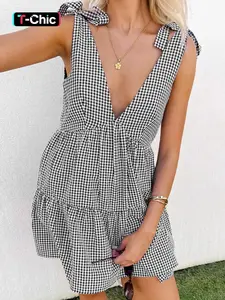 Women's Plaid Print Tie Shoulder Knot Cami Romper, Casual V Neck Fitted Sleeveless Romper for Summer, Fashion Women's Clothing for Daily Wear Dress