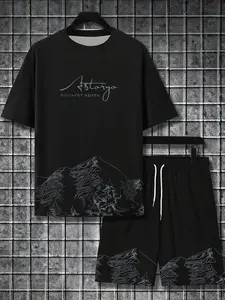 Astorya men's snow Mountain print T-shirt & Casual belt Shorts set Breathable polyester golf, tennis, bicycle, gift men's black round-neck short-sleeved top and pants set, Christmas, Halloween, gift, Black Friday