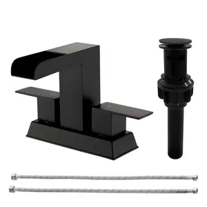 4-Inch Centerset Bathroom Faucet 2-Handle Deck Mounted Waterfall Basin Mixer Faucet in Matte Black, Brushed Nickel, Brushed Gold with Pop Up Drain and Supply Lines
