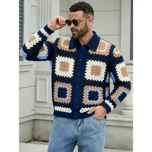 2026 New Men's Water-Soluble Rust Crochet Long Sleeve Turn-Down Collar Semi-Sheer Knitted Cardigan Suitable for Parties and Daily Outings