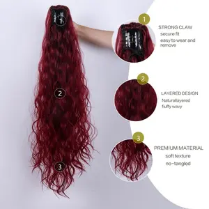 Women's Wine Red Claw Clip Ponytail Wig, High-Grade Corn Perm Fluffy Long Curly Wave Hair Extension Natural Looking Synthetic Heat Resistant Pony Tail Hairpiece for Daily Party Cosplay Easy Wear