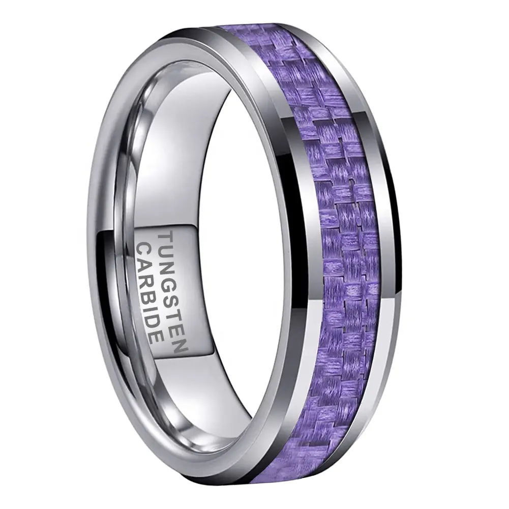 Women's 6MM Beveled Edge Purple Carbon Fiber Inlay Tungsten Carbide Ring - Wedding, Promise & Engagement Jewelry (Sizes 5-11), Wedding Rings